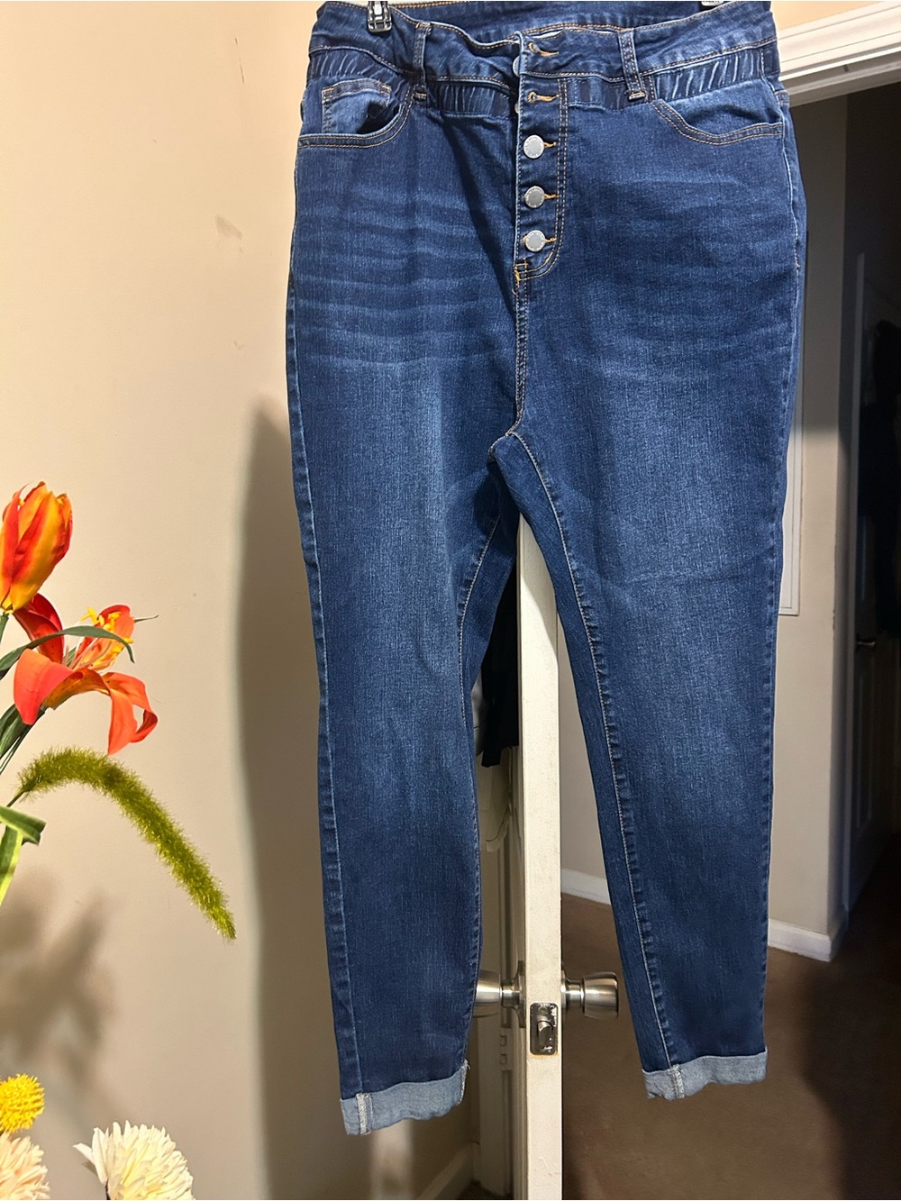 SHEIN Dark Blue High-Rise Button-Front Skinny Jeans